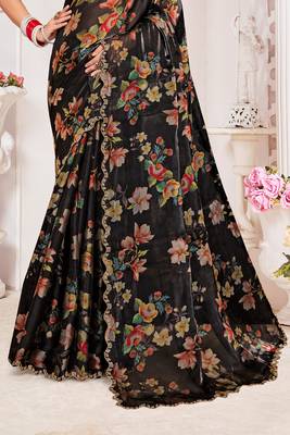 Black Digital Floral Printed Organza Silk Saree With Matching Blouse Piece 4
