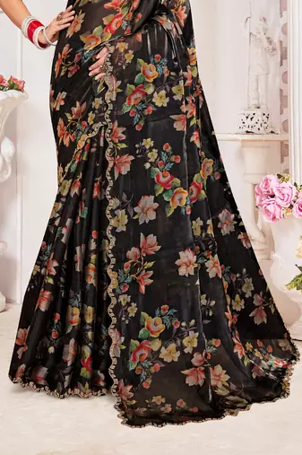Black Digital Floral Printed Organza Silk Saree With Matching Blouse Piece