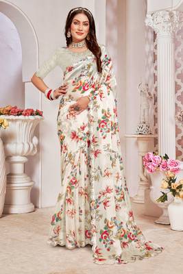 Cream Digital Floral Printed Organza Silk Saree With Matching Blouse Piece 1