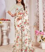 Cream Digital Floral Printed Organza Silk Saree With Matching Blouse Piece