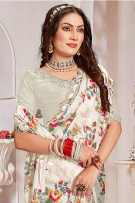 Cream Digital Floral Printed Organza Silk Saree With Matching Blouse Piece 2