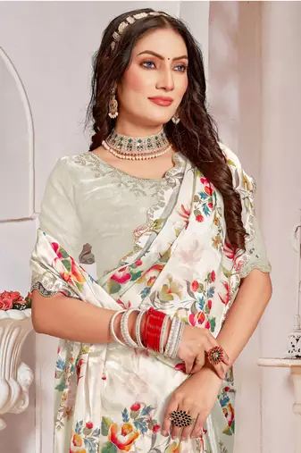Cream Digital Floral Printed Organza Silk Saree With Matching Blouse Piece