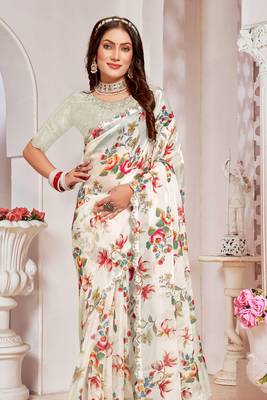 Cream Digital Floral Printed Organza Silk Saree With Matching Blouse Piece 3