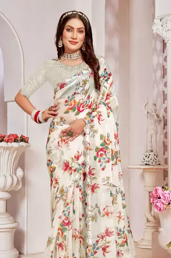 Cream Digital Floral Printed Organza Silk Saree With Matching Blouse Piece