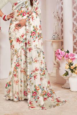 Cream Digital Floral Printed Organza Silk Saree With Matching Blouse Piece 4