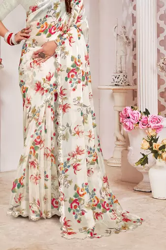 Cream Digital Floral Printed Organza Silk Saree With Matching Blouse Piece