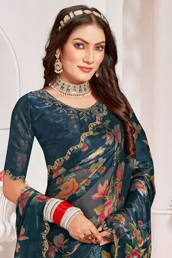 Teal Blue Digital Floral Printed Organza Silk Saree With Matching Blouse Piece