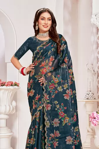 Teal Blue Digital Floral Printed Organza Silk Saree With Matching Blouse Piece