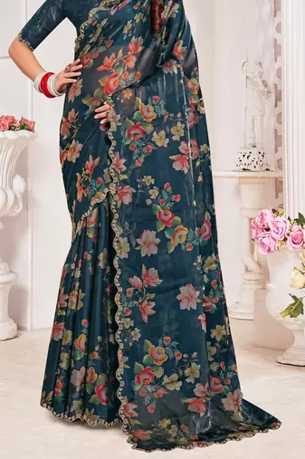 Teal Blue Digital Floral Printed Organza Silk Saree With Matching Blouse Piece