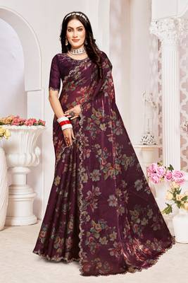 Wine Digital Floral Printed Organza Silk Saree With Matching Blouse Piece 1