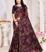 Wine Digital Floral Printed Organza Silk Saree With Matching Blouse Piece