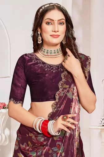 Wine Digital Floral Printed Organza Silk Saree With Matching Blouse Piece