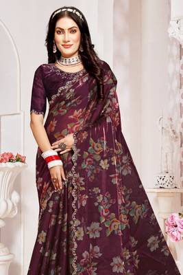 Wine Digital Floral Printed Organza Silk Saree With Matching Blouse Piece 3