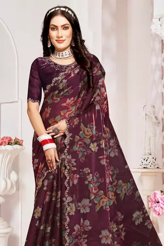 Wine Digital Floral Printed Organza Silk Saree With Matching Blouse Piece