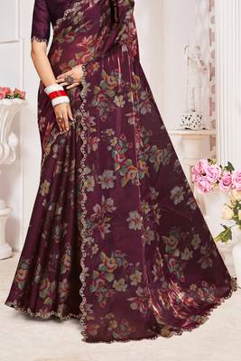 Wine Digital Floral Printed Organza Silk Saree With Matching Blouse Piece 4