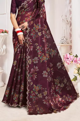 Wine Digital Floral Printed Organza Silk Saree With Matching Blouse Piece