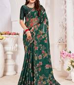 Bottle Green Digital Floral Printed Organza Silk Saree With Matching Blouse Piece