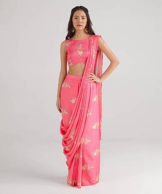 Pink printed  satin saree skirt set 1