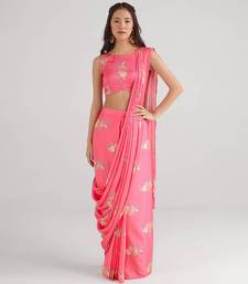 Pink printed  satin saree skirt set
