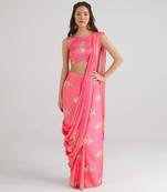Pink printed  satin saree skirt set