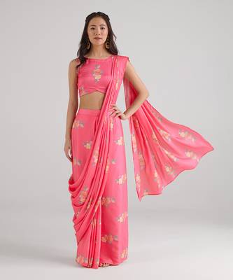 Pink printed  satin saree skirt set 2