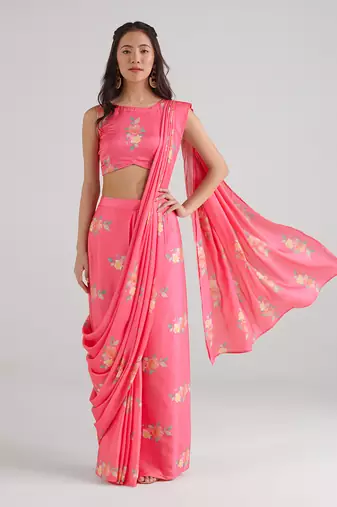 Pink printed  satin saree skirt set