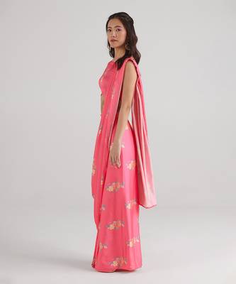 Pink printed  satin saree skirt set 3