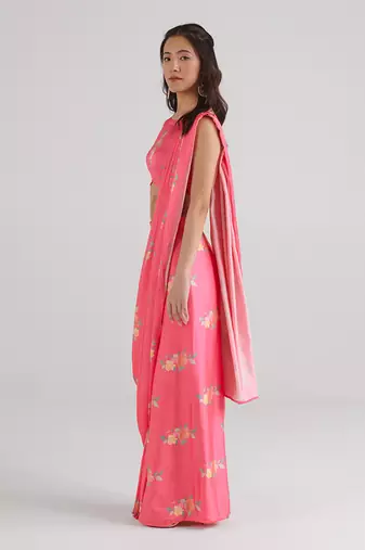 Pink printed  satin saree skirt set
