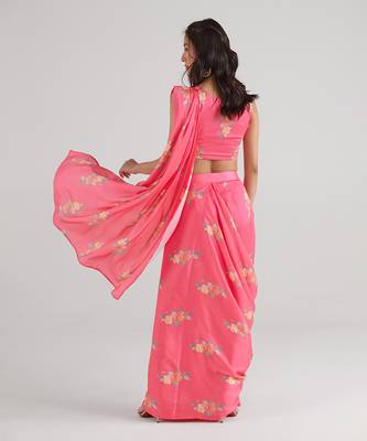 Pink printed  satin saree skirt set 4