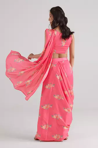 Pink printed  satin saree skirt set