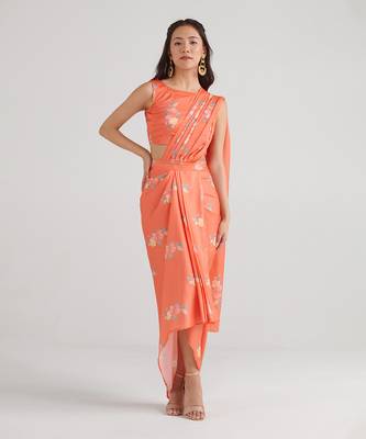 Orange printed  satin saree set 1
