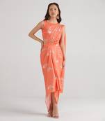 Orange printed  satin saree set