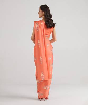 Orange printed  satin saree set 2