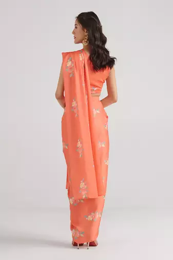 Orange printed  satin saree set