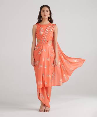 Orange printed  satin saree set 3