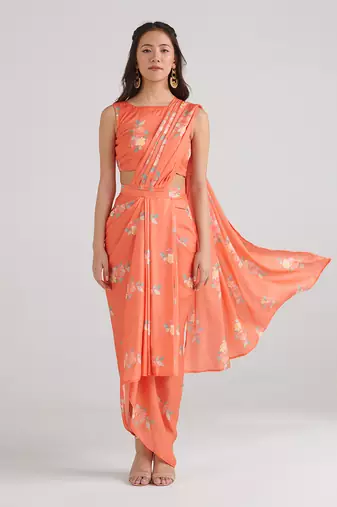 Orange printed  satin saree set