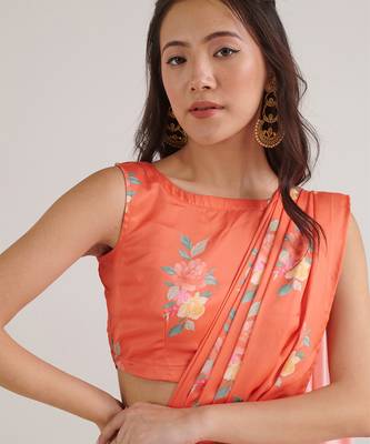Orange printed  satin saree set 4