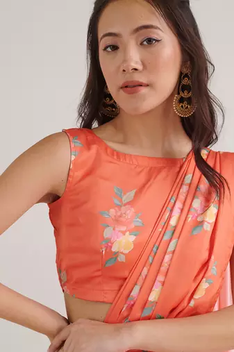 Orange printed  satin saree set