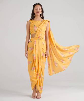 Yellow printed  satin saree set 1