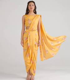 Yellow printed  satin saree set