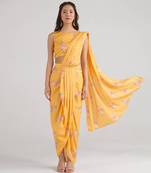 Yellow printed  satin saree set