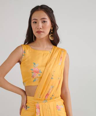 Yellow printed  satin saree set 2