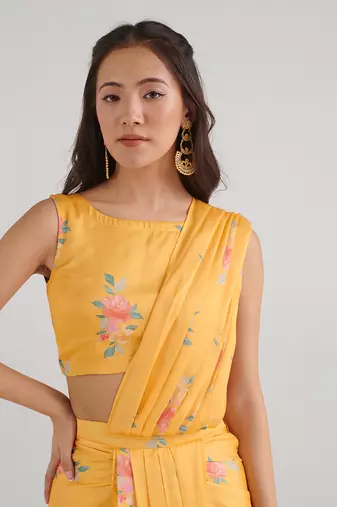 Yellow printed  satin saree set