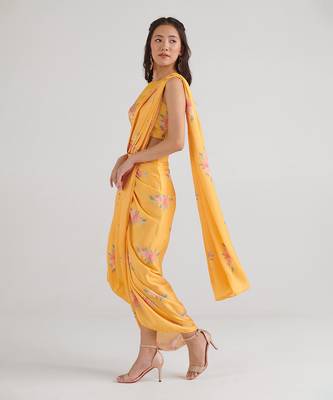 Yellow printed  satin saree set 3