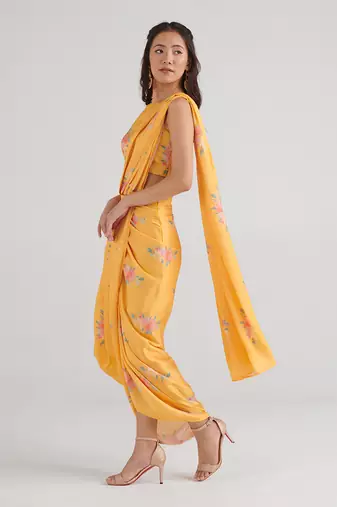 Yellow printed  satin saree set