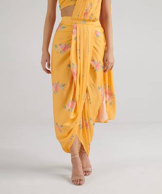 Yellow printed  satin saree set 4