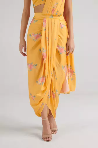 Yellow printed  satin saree set