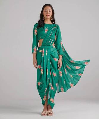 Green printed  satin saree set 1