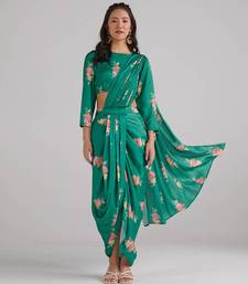 Green printed  satin saree set