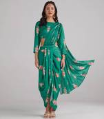 Green printed  satin saree set